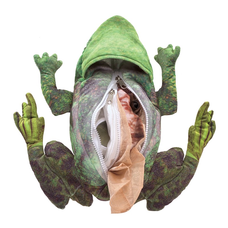 Folkmanis Frog Life Cycle hand puppet seen from below, belly side with open zip and tadpole puppet visible inside