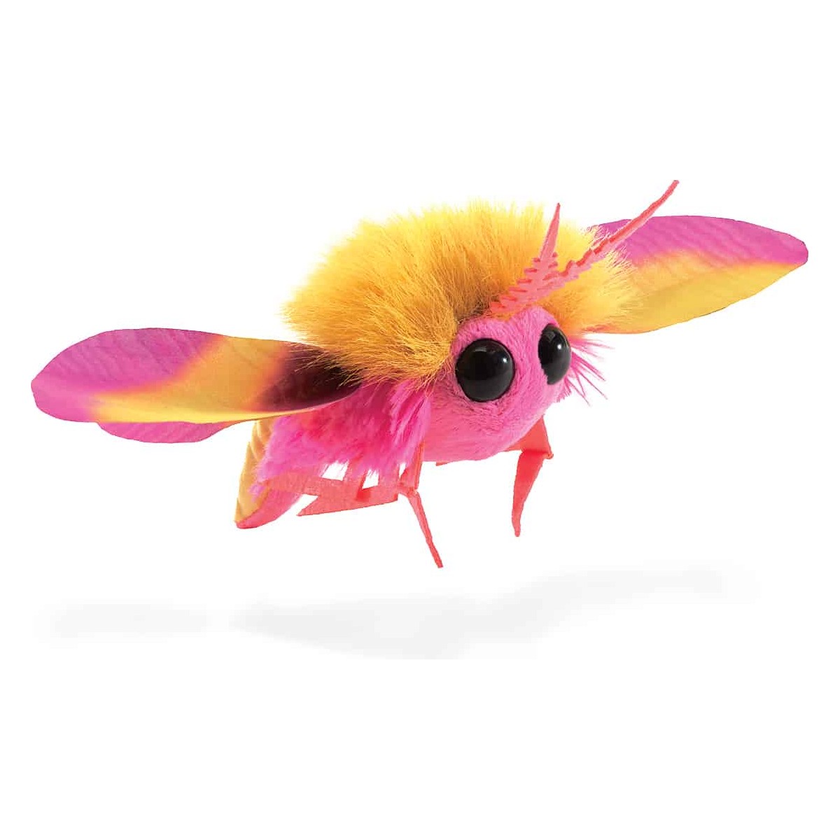 Folkmanis mini Rosy Maple Moth finger puppet in pink and yellow with spread wings and large glass eyes