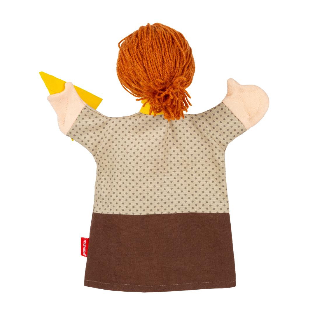 Punch and Judy puppet teacher by munabo seen from the back with orange hair and a yellow set square