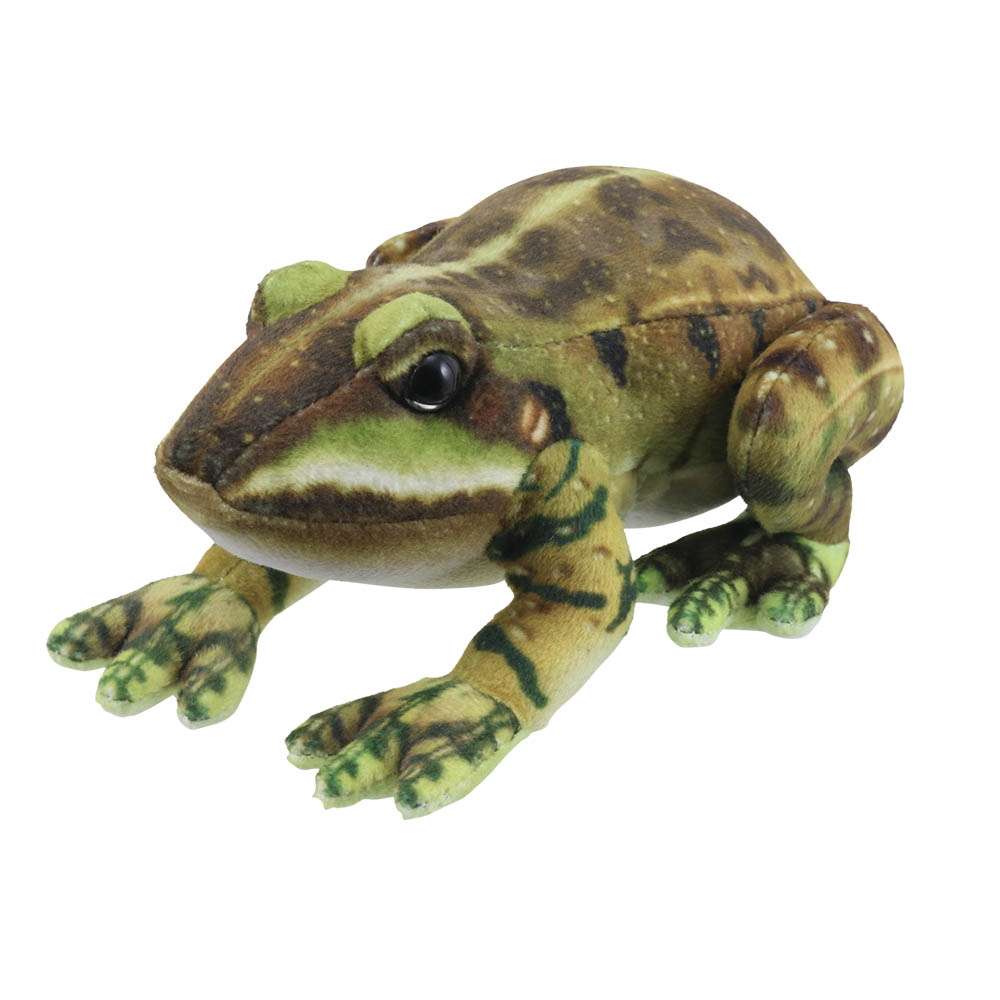 The Puppet Company Little Creatures finger puppet green frog, brown and green patterned lying finger puppet