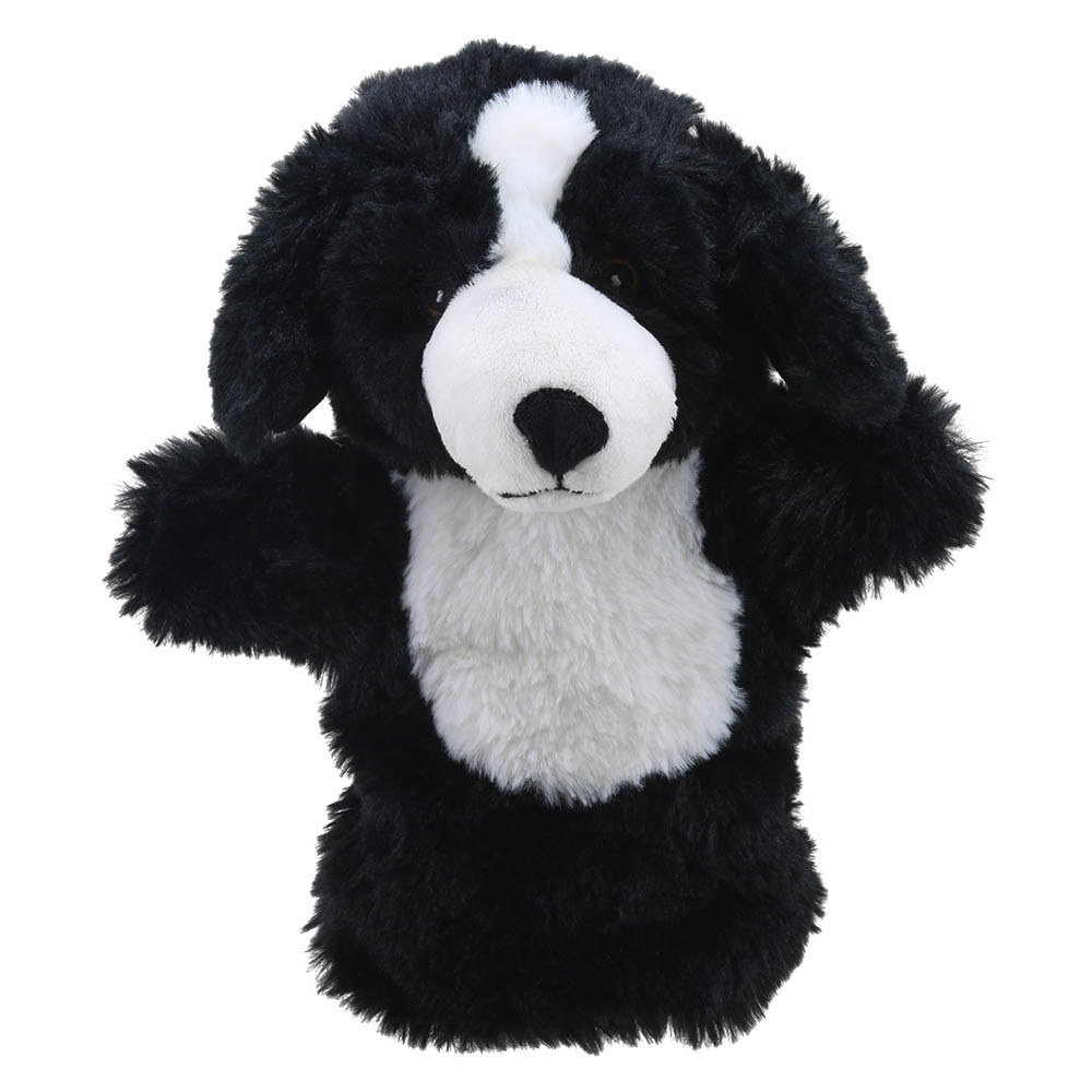 The Puppet Company hand puppet border collie, black and white dog with a white blaze, front view
