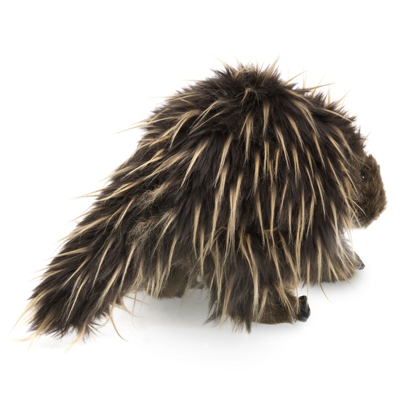 Folkmanis hand puppet porcupine with dark brown, cream-striped quill coat, side view on white background