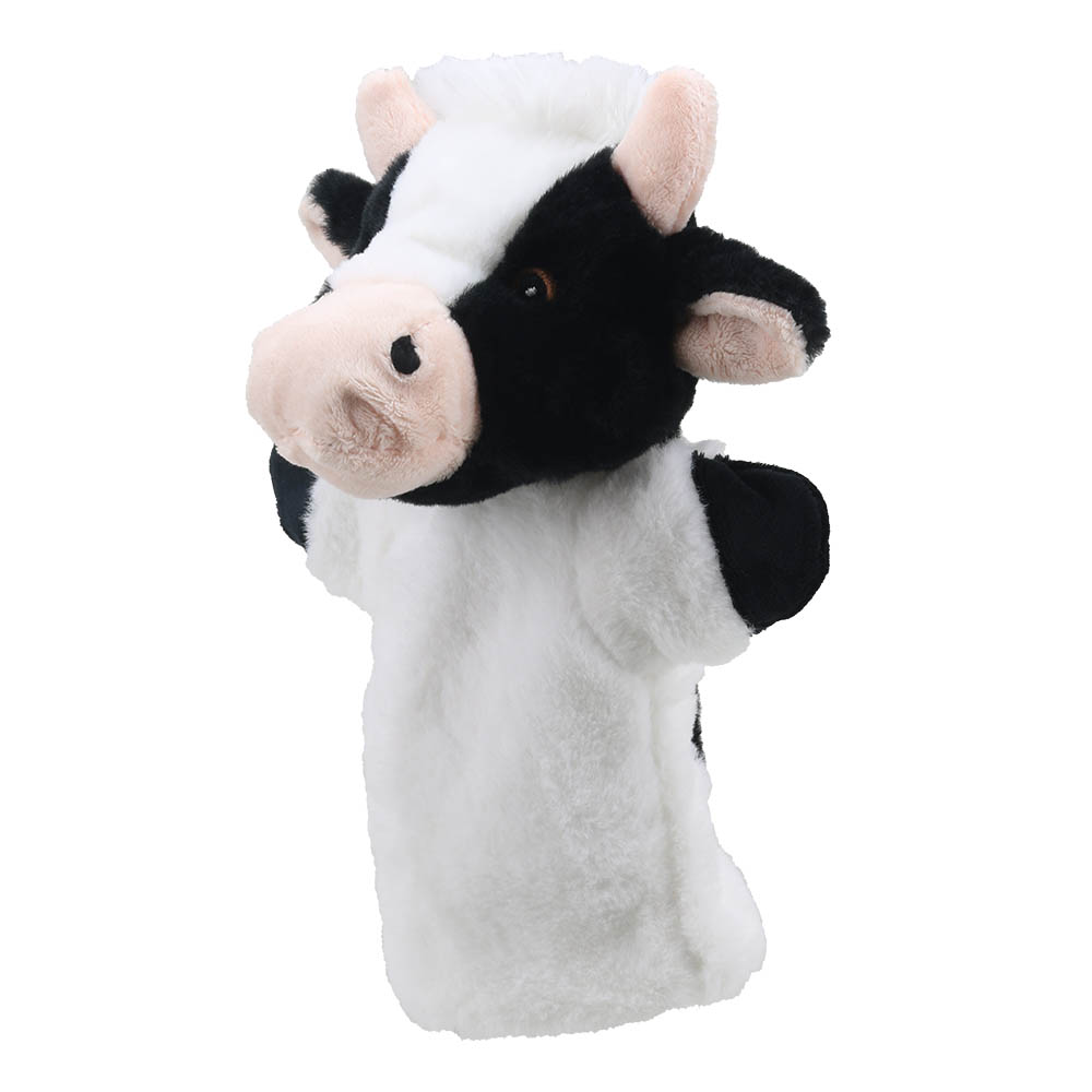 The Puppet Company Baby-Handpuppe Kuh, schwarz-weiße Kuh mit schwarzem Fleck ums Auge und rosa Hörnern