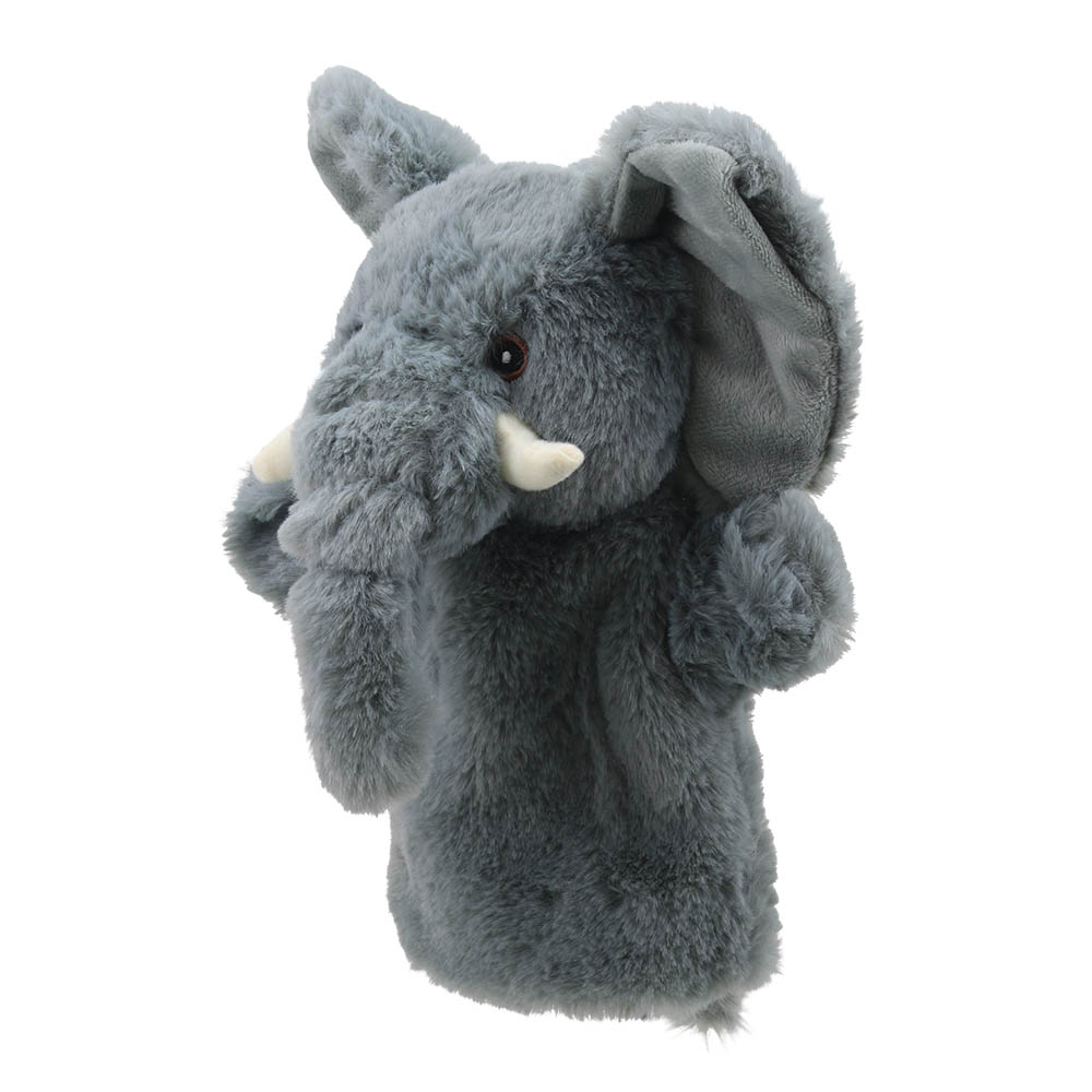 The Puppet Company hand puppet elephant, side view with the trunk hanging down and a tusk visible