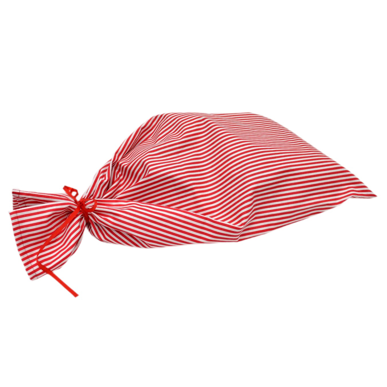 Four-piece Punch and Judy hand puppet set by munabo, red-and-white striped fabric bag for storing the four figures.
