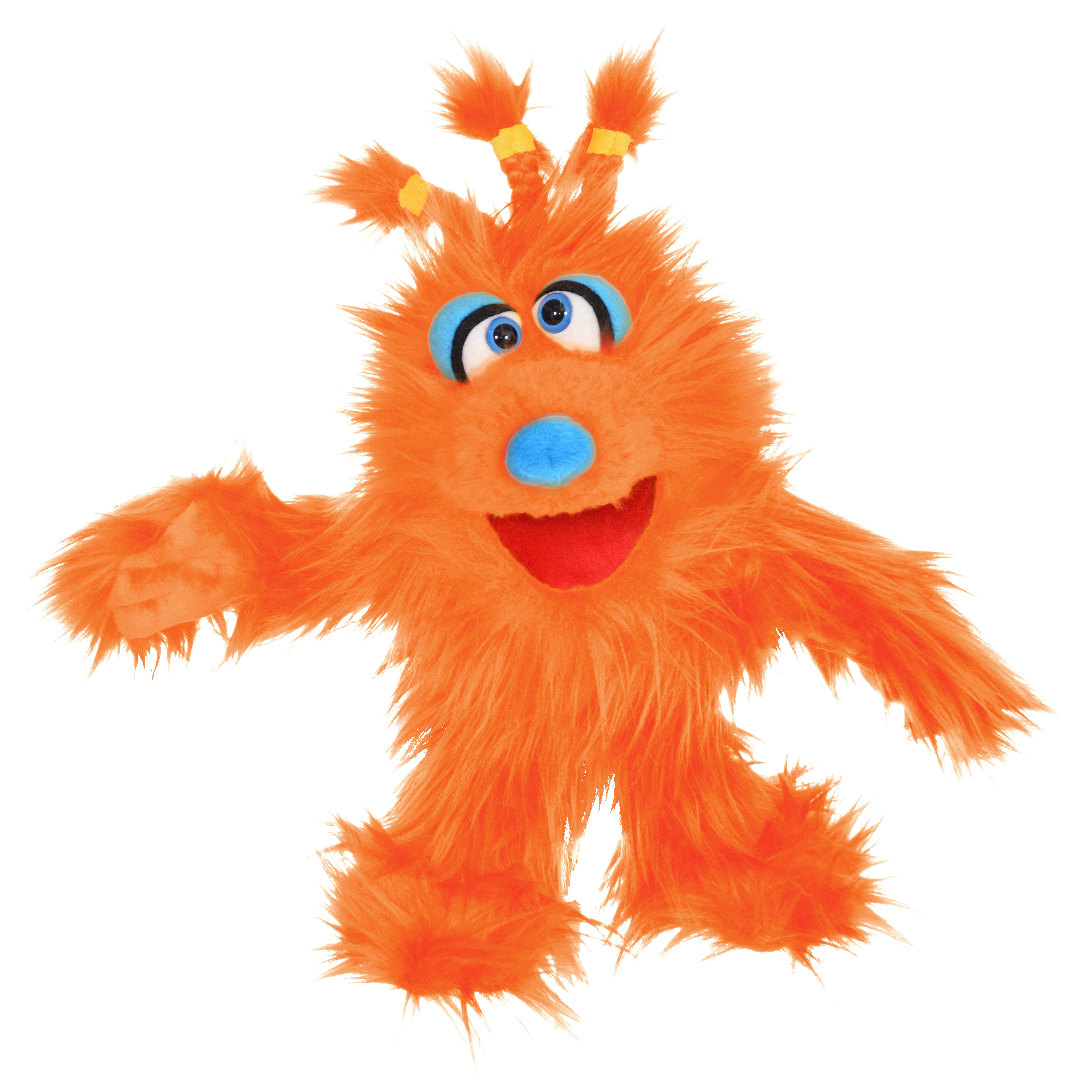 Living Puppets hand puppet Wumms from the Monster to go series, orange shaggy monster with a blue nose and yellow hair ties in its tuft