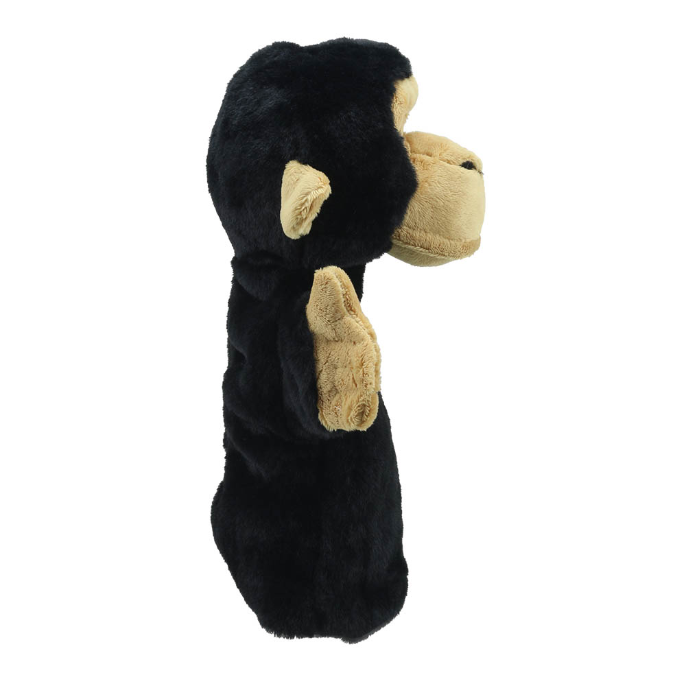 The Puppet Company baby hand puppet chimpanzee, black ape with a beige face, side view from the other side