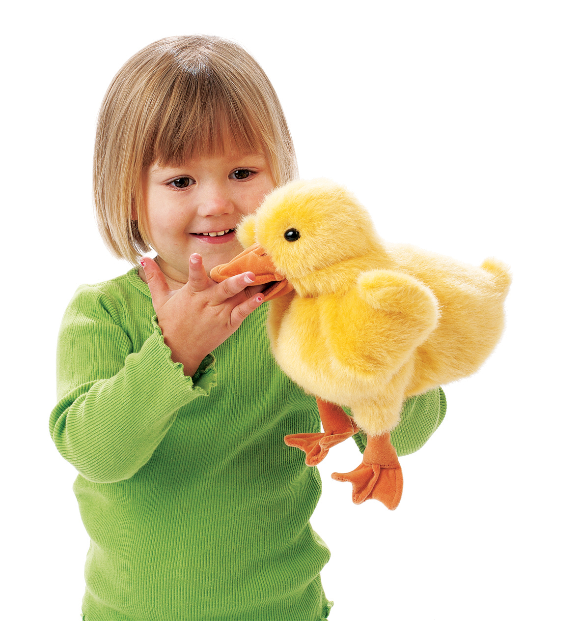 Young girl wearing a yellow Folkmanis duckling hand puppet with a movable beak, side view on a white background