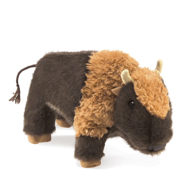 Folkmanis small bison hand puppet in side view, dark brown fur with light brown hump and braided tail tassel