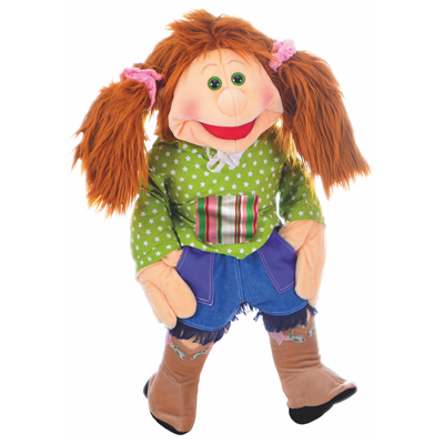 Living Puppets hand puppet Konstantine Pustekuchen with long auburn hair, green dotted shirt, fringed denim skirt and brown boots