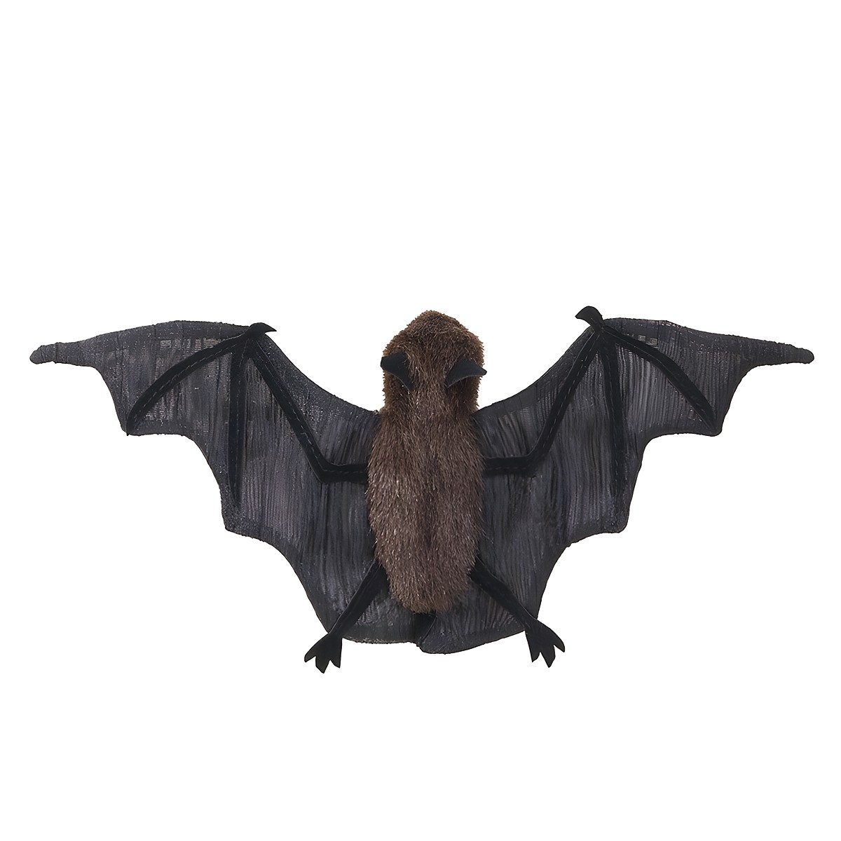 Folkmanis mini bat finger puppet with spread wings in dark mesh fabric and a brown body, front view