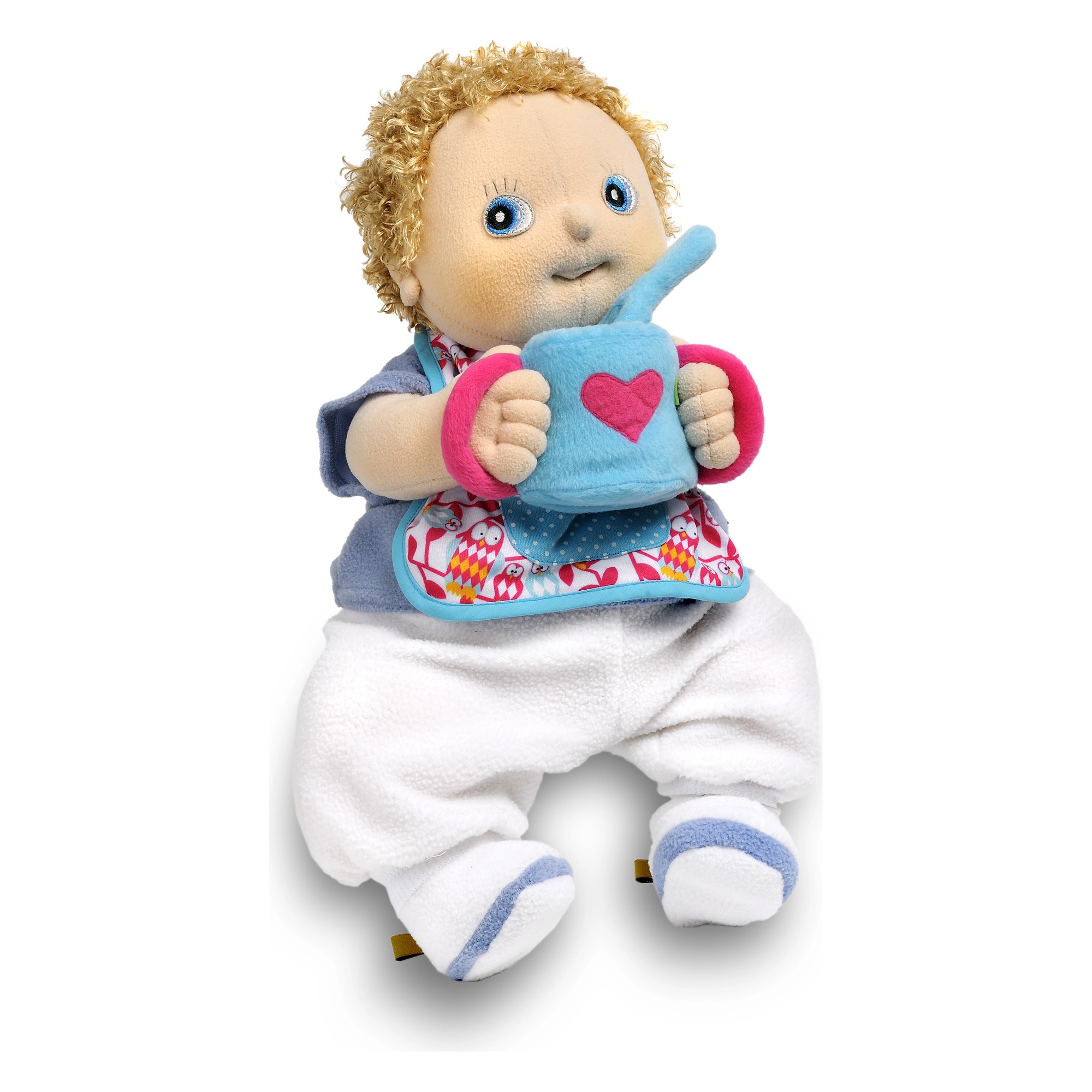 Rubens baby doll drinking from the blue plush cup of the feeding kit