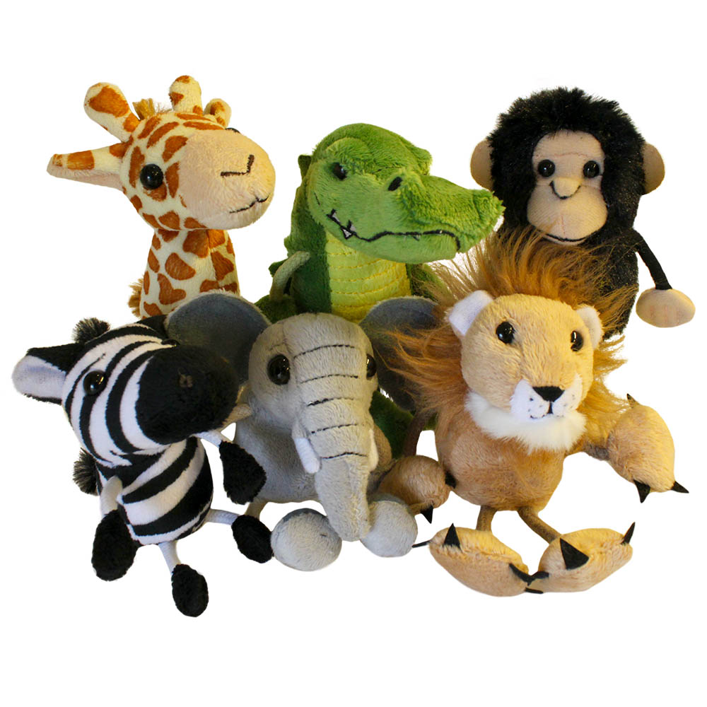 The Puppet Company Fingerpuppen-Set Afrikanische Wildtiere, sechs Fingerpuppen mit Giraffe, Krokodil, Affe, Zebra, Elefant und Löwe