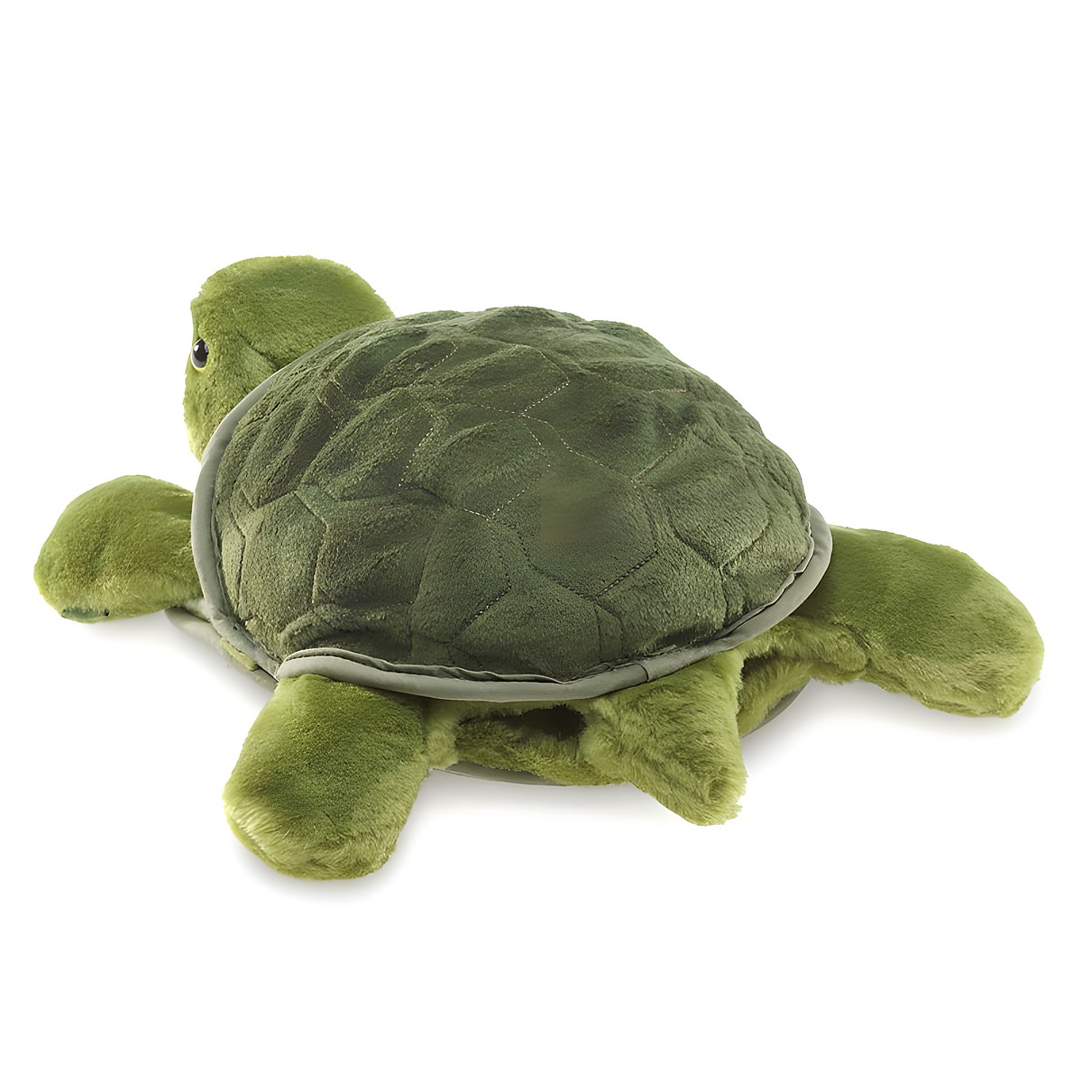 Folkmanis Handpuppe große Schildkröte in Grün mit strukturiertem Panzer und ausgestreckten Flossen in der Schrägansicht
