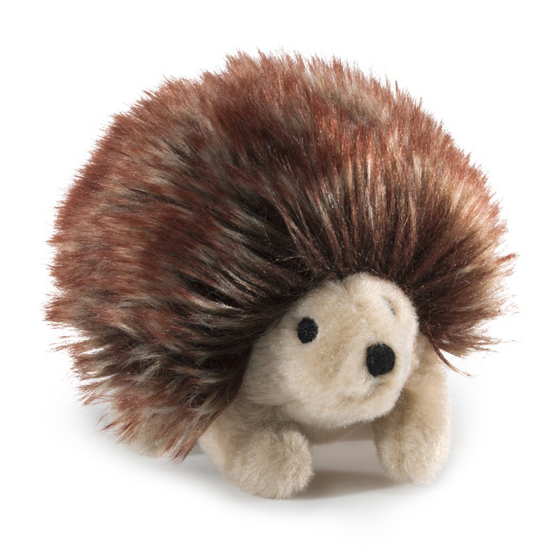 Folkmanis mini hedgehog finger puppet with a brown-mottled spiny back and cream-coloured face, shown at an angle