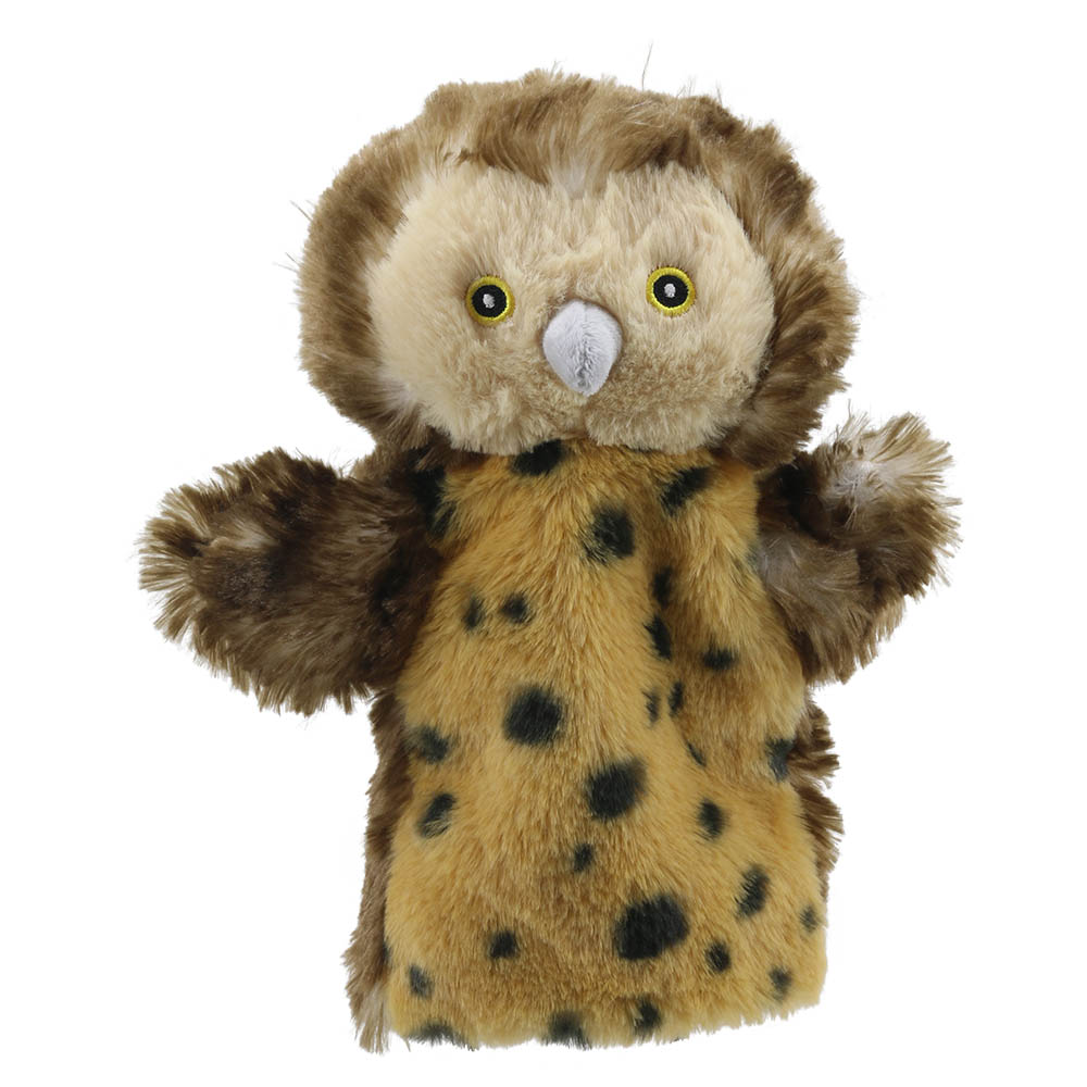 The Puppet Company baby hand puppet owl, brown owl with a light face, yellow eyes and a black-spotted belly