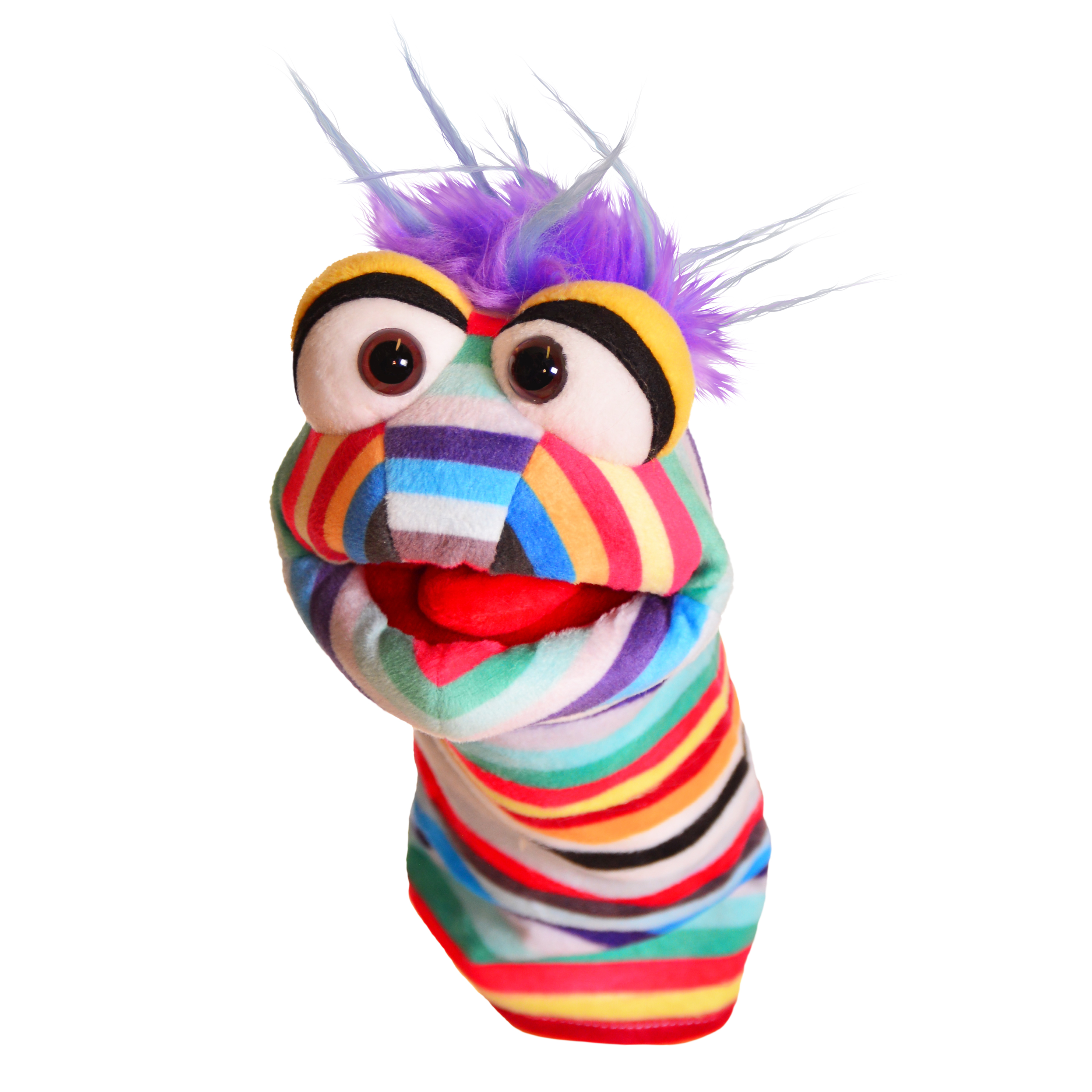 Living Puppets Handpuppe Schnappelchen der Quasselwurm mit bunt gestreiftem Körper, lila Haarschopf und geöffnetem rotem Mund