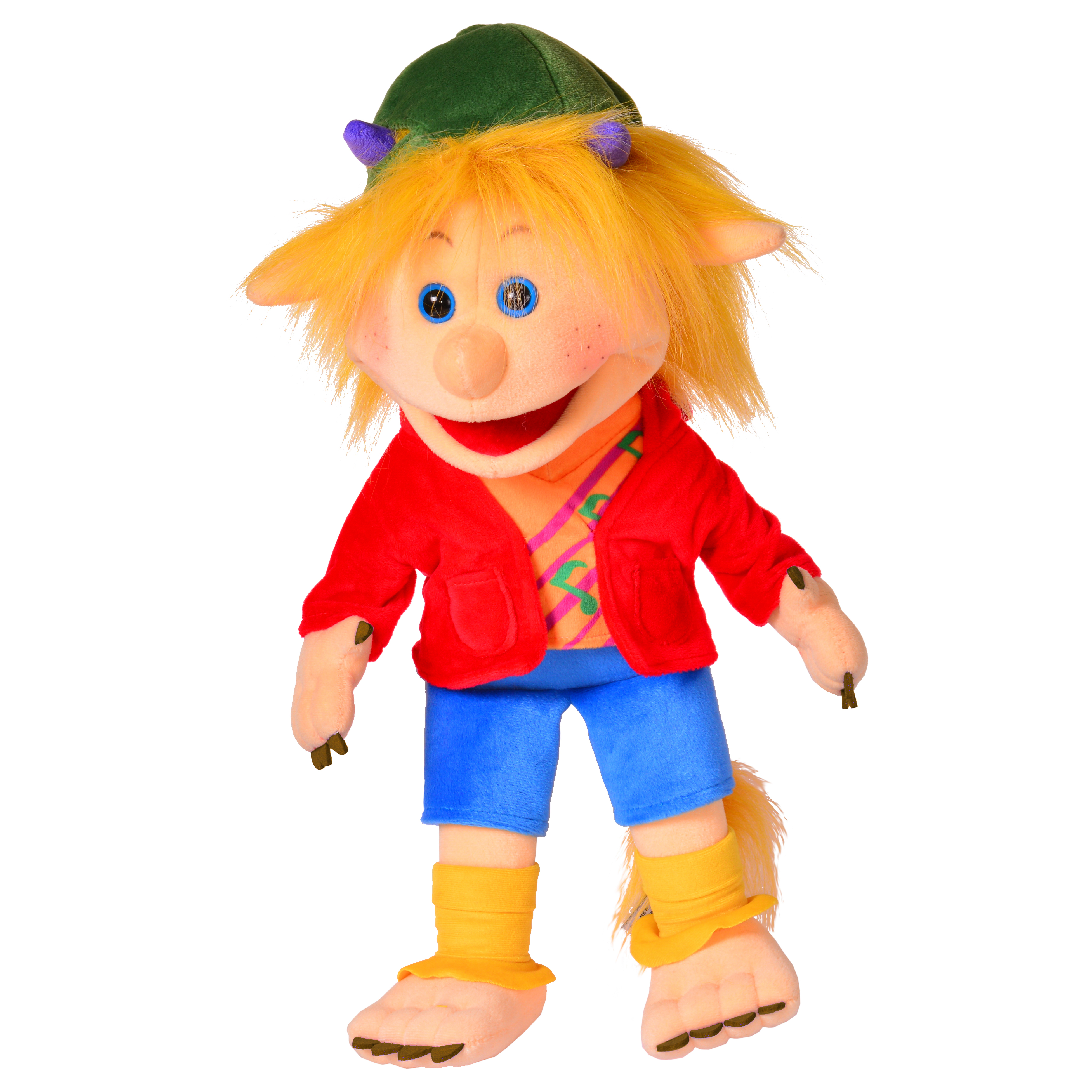 Living Puppets hand puppet Troll Knille with yellow hair, pointed ears, a green cap, red jacket, blue trousers and big feet