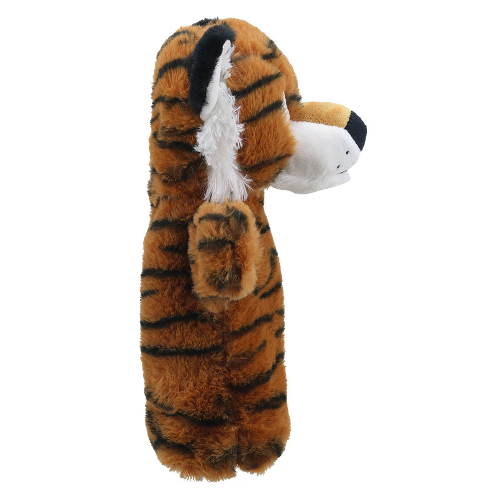 The Puppet Company baby hand puppet tiger, orange tiger with black stripes, side view from the other side