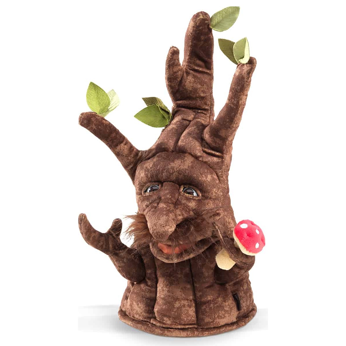 Folkmanis Handpuppe Zauberhafter Baum aus braunem Plüsch mit Gesicht, grünen Stoffblättern und rotem Fliegenpilz, Schrägansicht