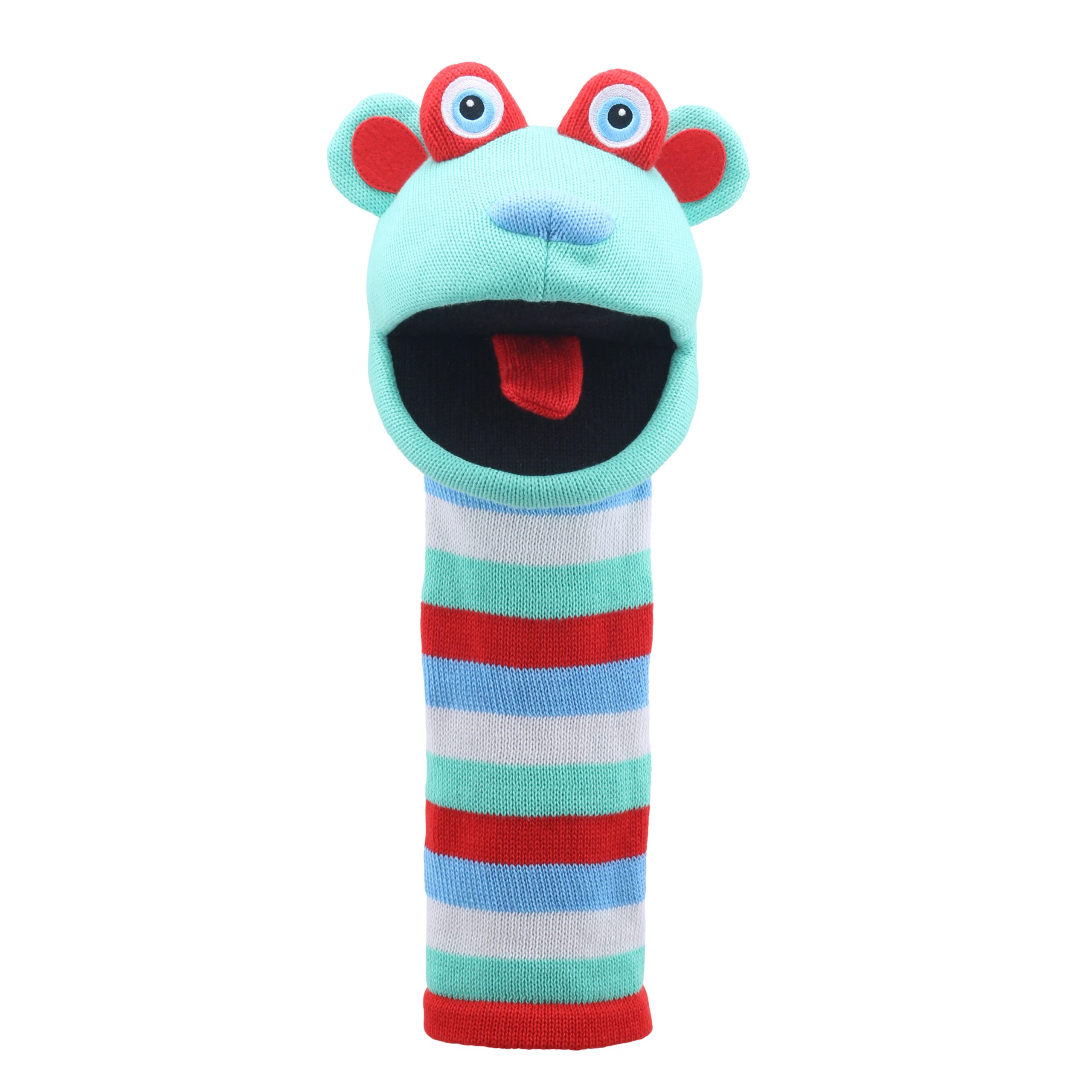 Monster Sockenhandpuppe Hope von der Puppet Company, mintgrüne Strickfigur mit roten Ohren, blauer Nase, roter Zunge und rot-blau-weiß geringeltem Körper von vorn