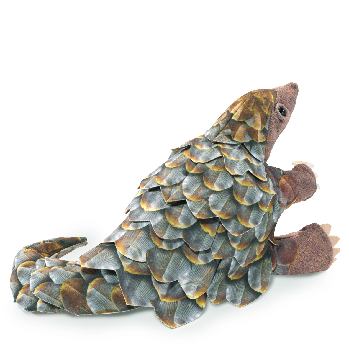 Folkmanis hand puppet pangolin with detailed grey-brown scales, raised head and claws, side view