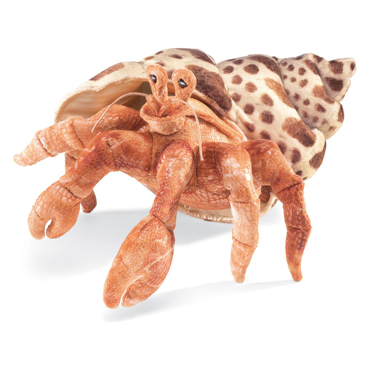 Folkmanis Handpuppe Einsiedlerkrebs in Rostbraun mit detaillierter Textur, geflecktem Schneckenhaus, Frontalansicht