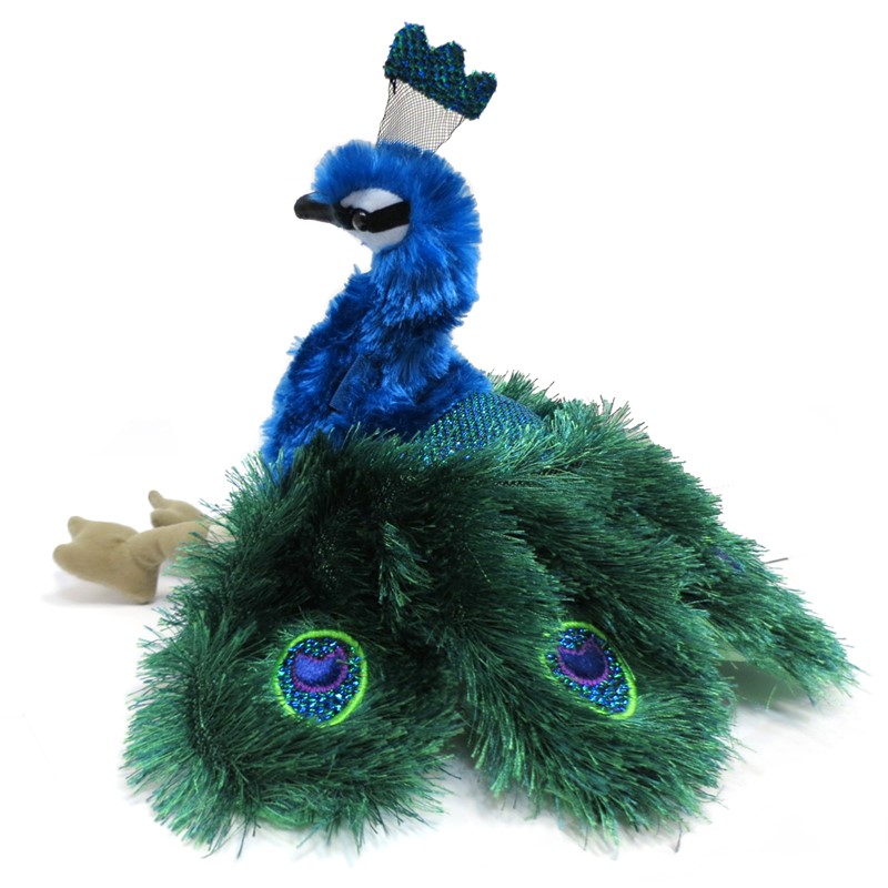 Folkmanis hand puppet small peacock with blue plumage, green tail with eye feathers and feather crown, angled view
