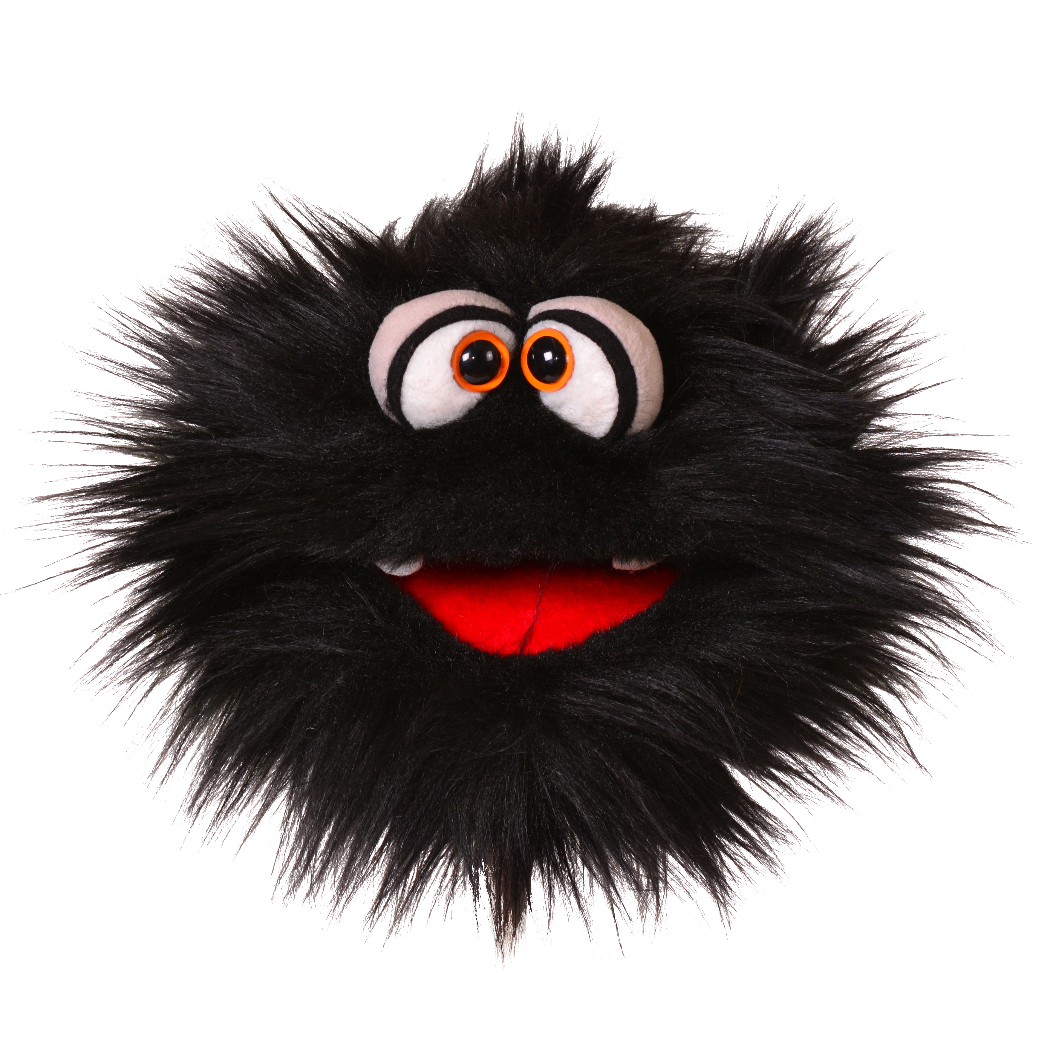 Living Puppets Handpuppe Kladderadatsch, schwarzes Zottelmonster mit orangefarbenen Augen und geöffnetem rotem Mund, Frontalansicht