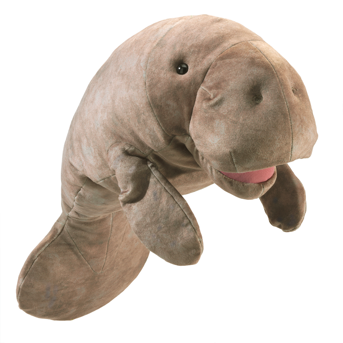 Folkmanis manatee hand puppet in grey-brown plush with movable mouth, pink interior and flippers, angled view