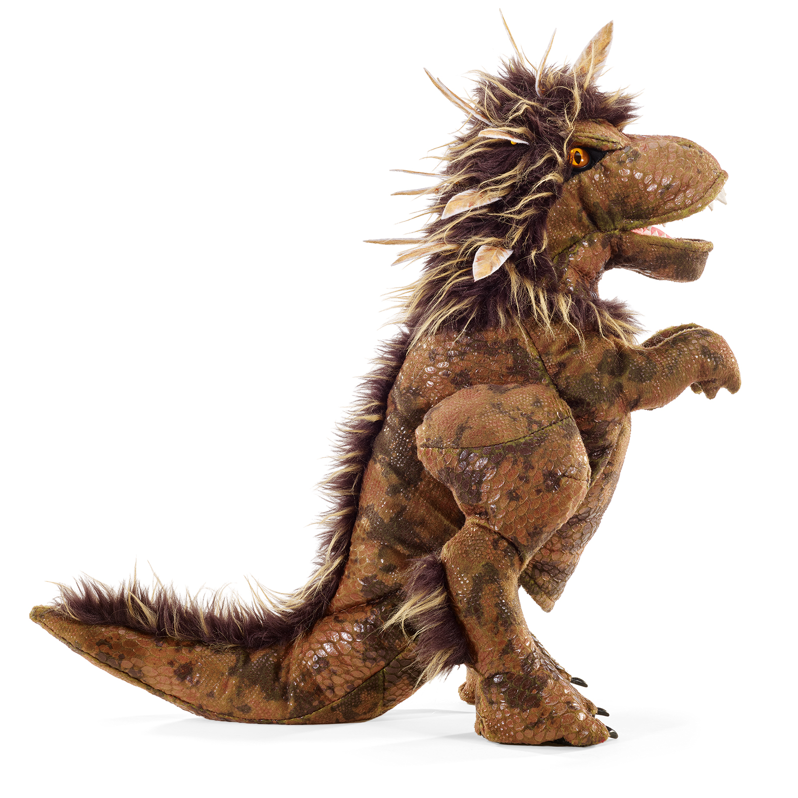 Folkmanis Handpuppe gefiederter Tyrannosaurus Rex in Seitenansicht, die kurzen Arme angewinkelt, das Maul weit geöffnet.