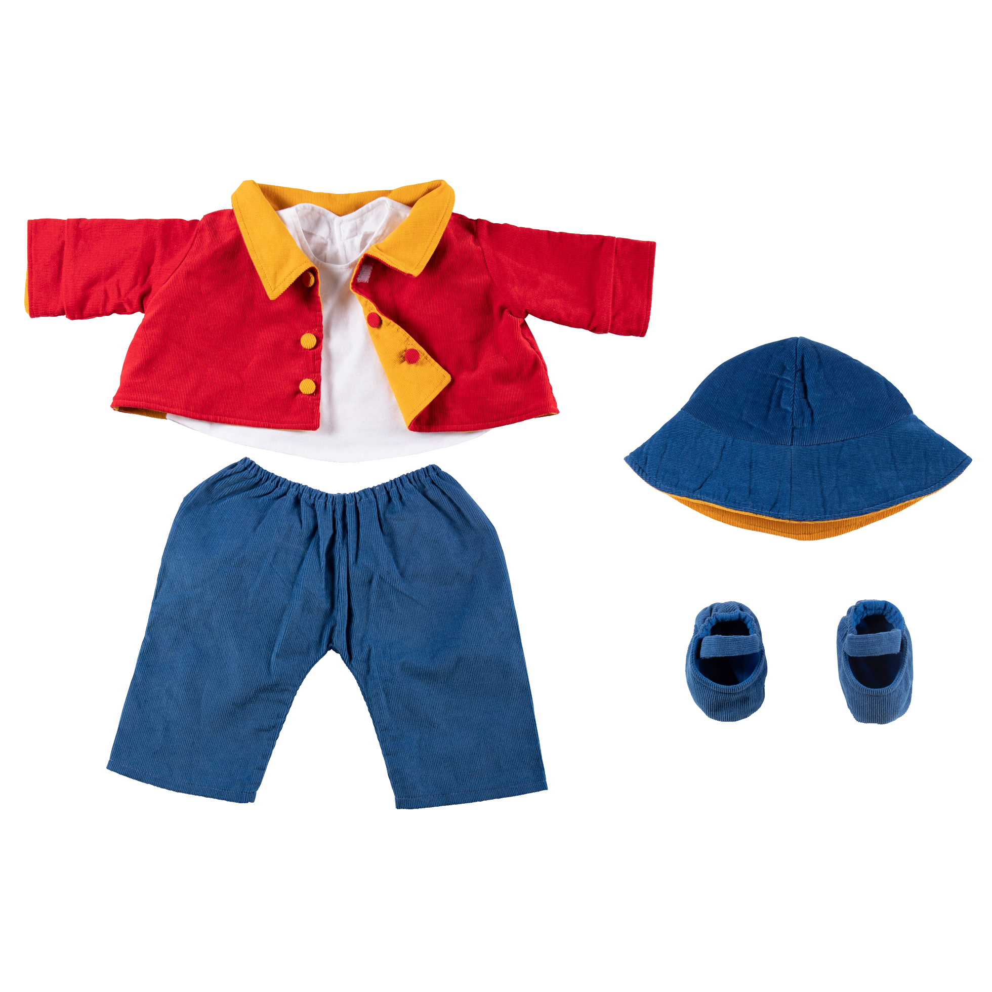 Joyk clothing set Wind & Weather: red corduroy jacket, blue trousers, reversible hat and shoes