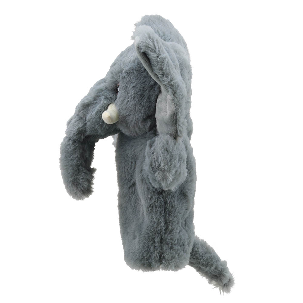 The Puppet Company hand puppet elephant, side view with the ear folded back and the tail visible