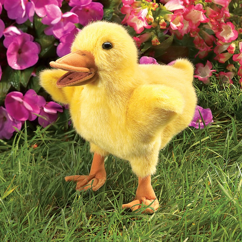 Folkmanis duckling hand puppet in yellow plush with open beak, standing on grass in front of pink flowers