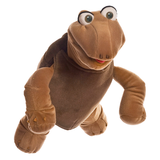 Living Puppets hand puppet Little Sammy the turtle with a brown shell, big eyes and one arm raised in a crawling pose