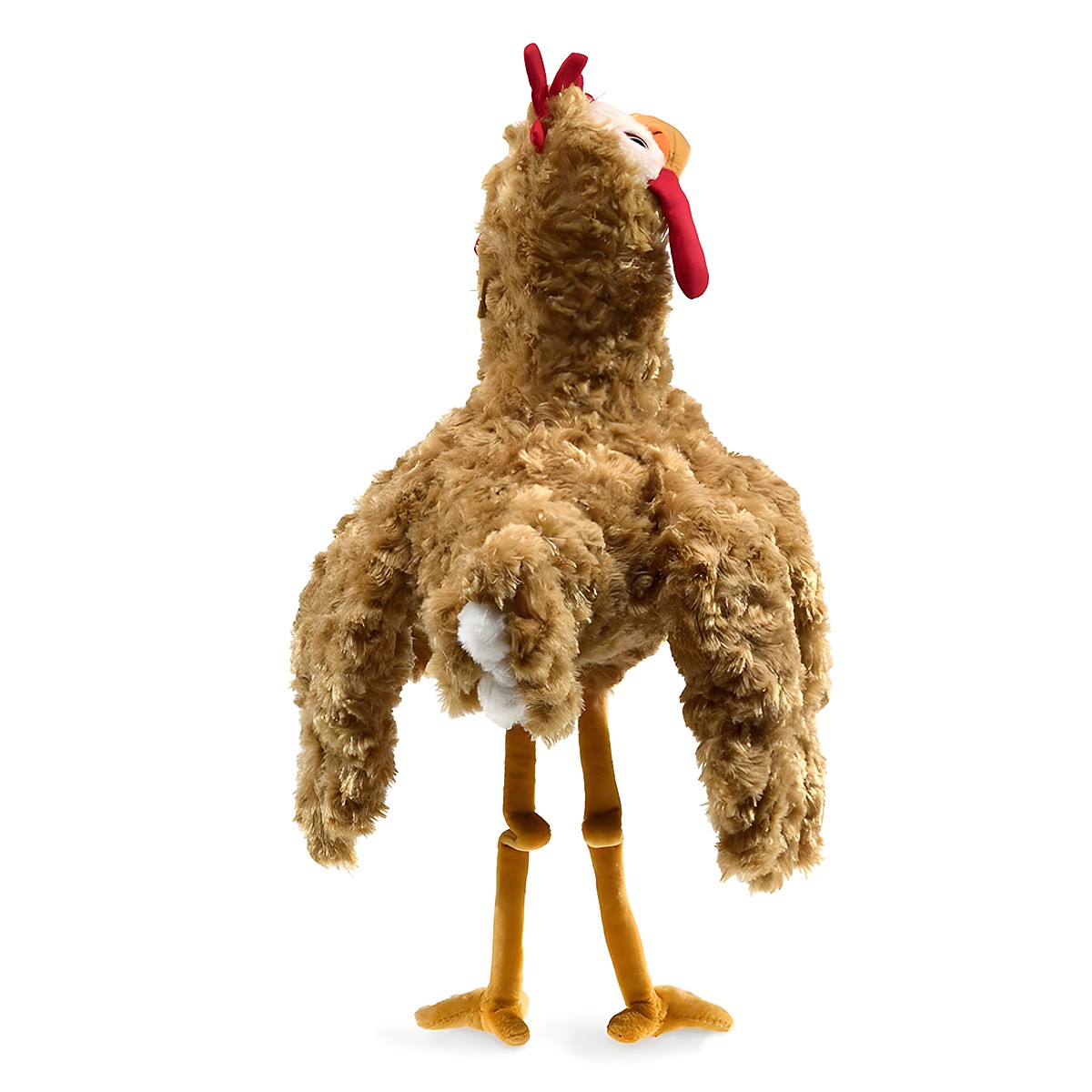 Folkmanis Handpuppe Huhn mit lockigem braunem Plüsch, rotem Kamm und Kehllappen sowie langen gelben Beinen, Vorderansicht