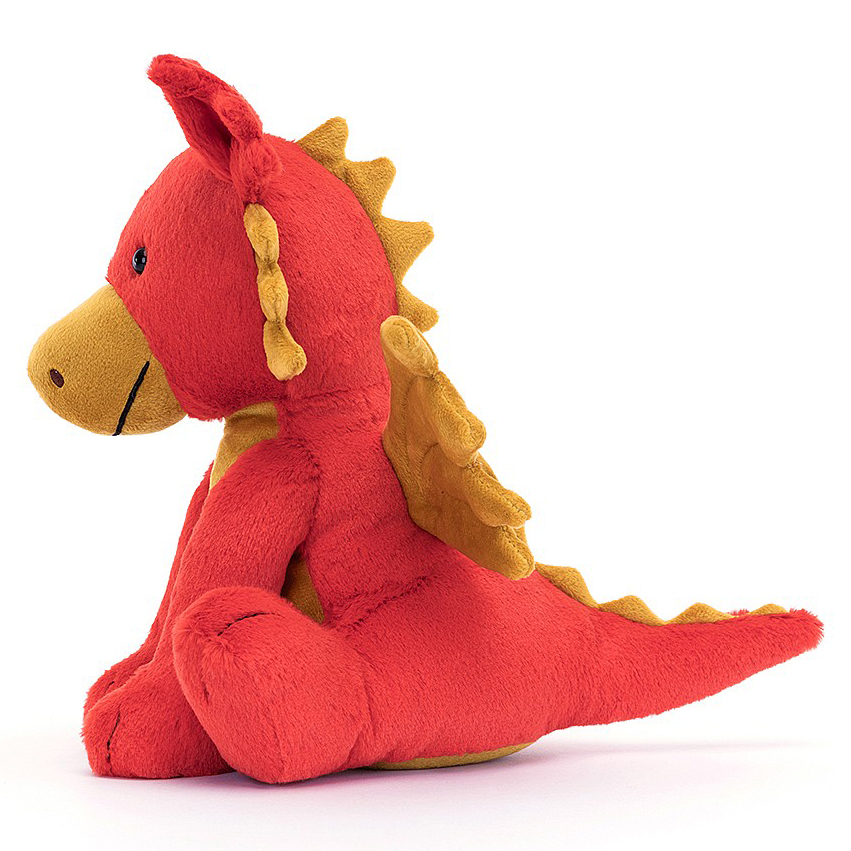 Jellycat Kuscheltier Drache Darvin, rotes Plüschtier mit goldenen Flügeln, sitzend in Seitenansicht