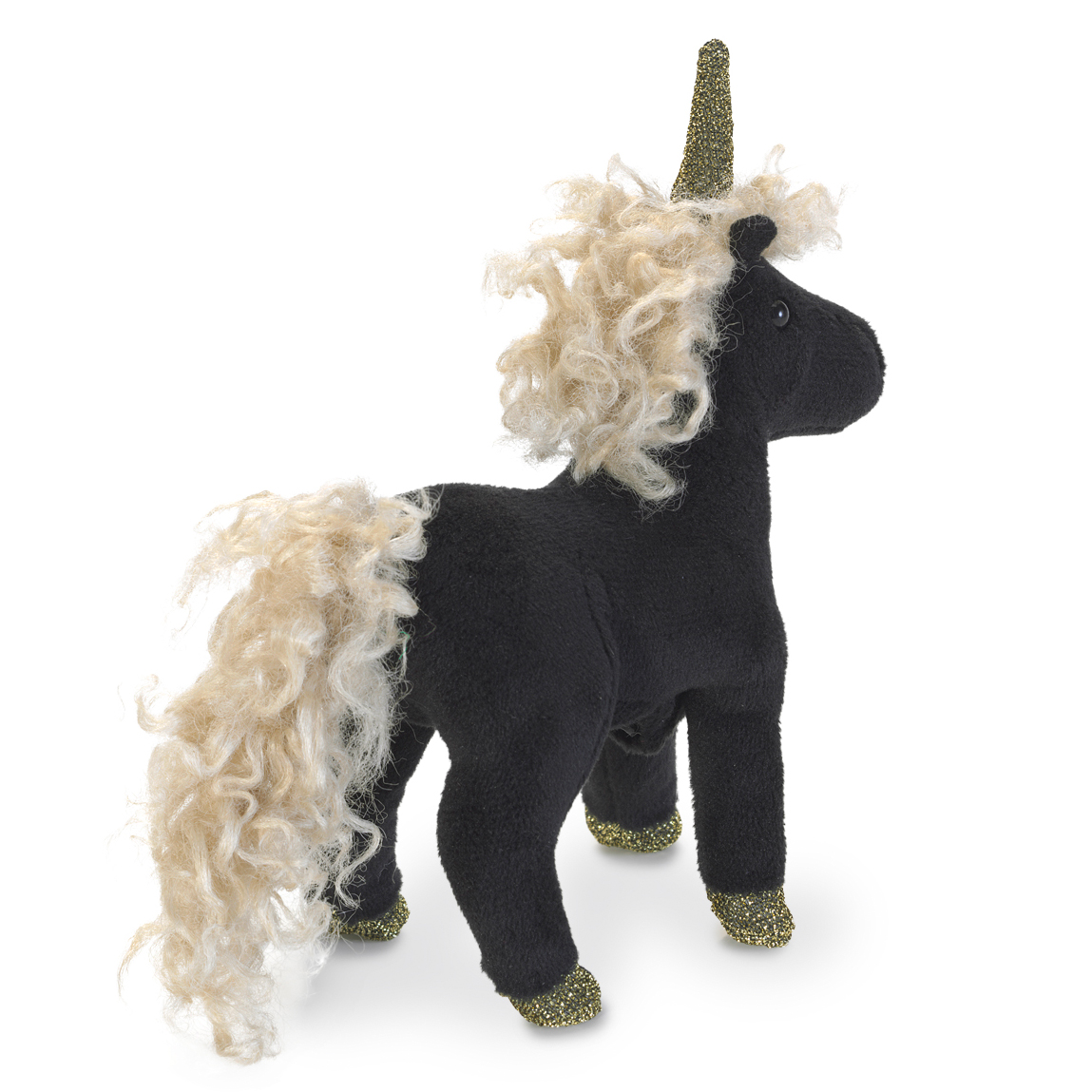 Folkmanis finger puppet black unicorn with cream curly mane, glitter horn and gold hooves, standing in side view