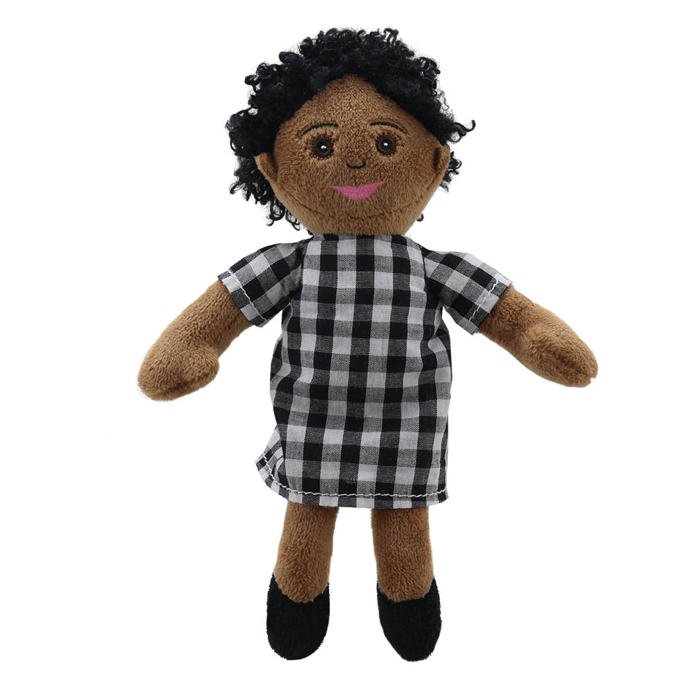 The Puppet Company Fingerpuppe Mama, dunkelhäutige Puppe mit schwarzem Lockenhaar und kariertem Kleid