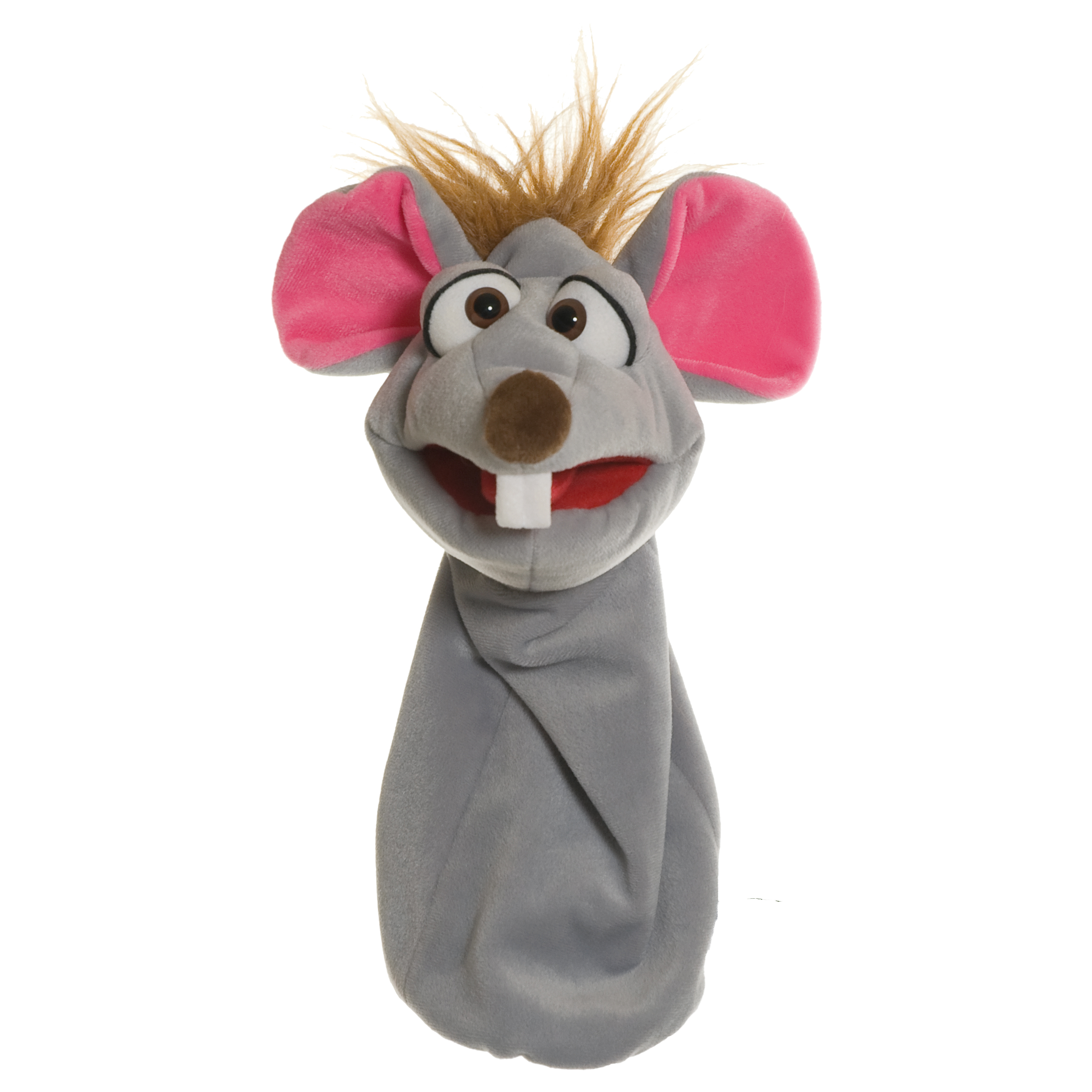 Living Puppets Strumpfhandpuppe Maus Bille, grau mit großen rosa Ohren, braunem Haarschopf und geöffnetem Mund