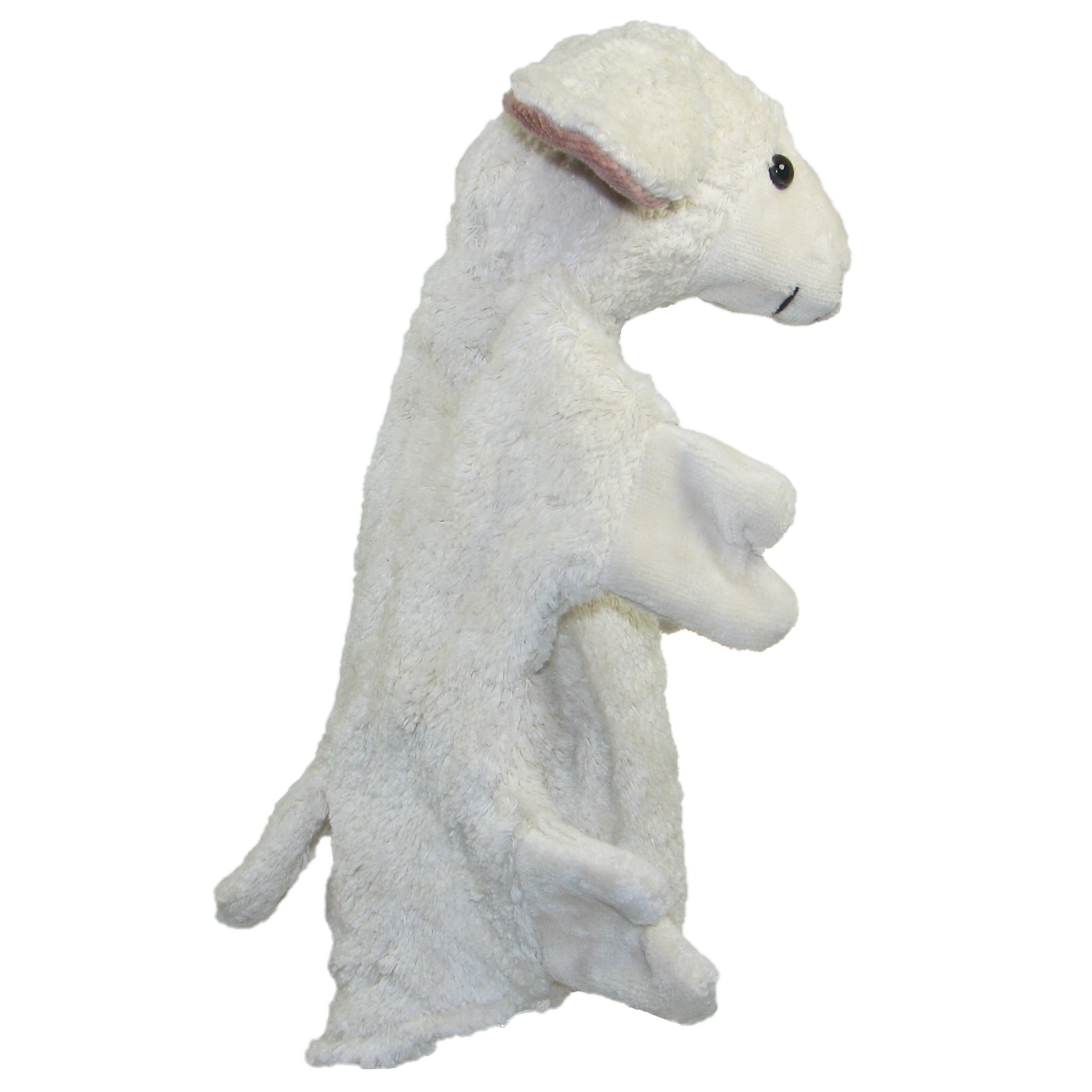 Kallisto hand puppet sheep side view, white natural-material puppet with a pink ear lining and short tail
