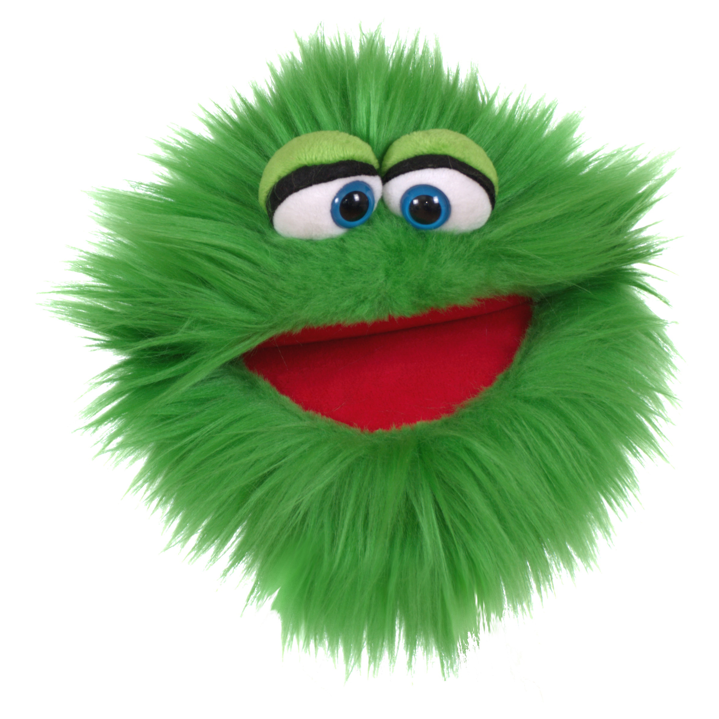 Living Puppets hand puppet Plappermaul, green shaggy monster with blue eyes and a wide open red mouth, front view