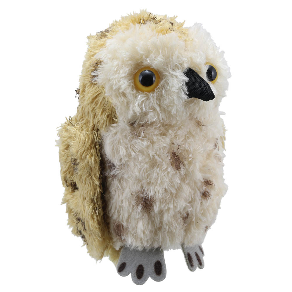 The Puppet Company finger puppet tawny owl, cream owl with brown speckles, close-up view