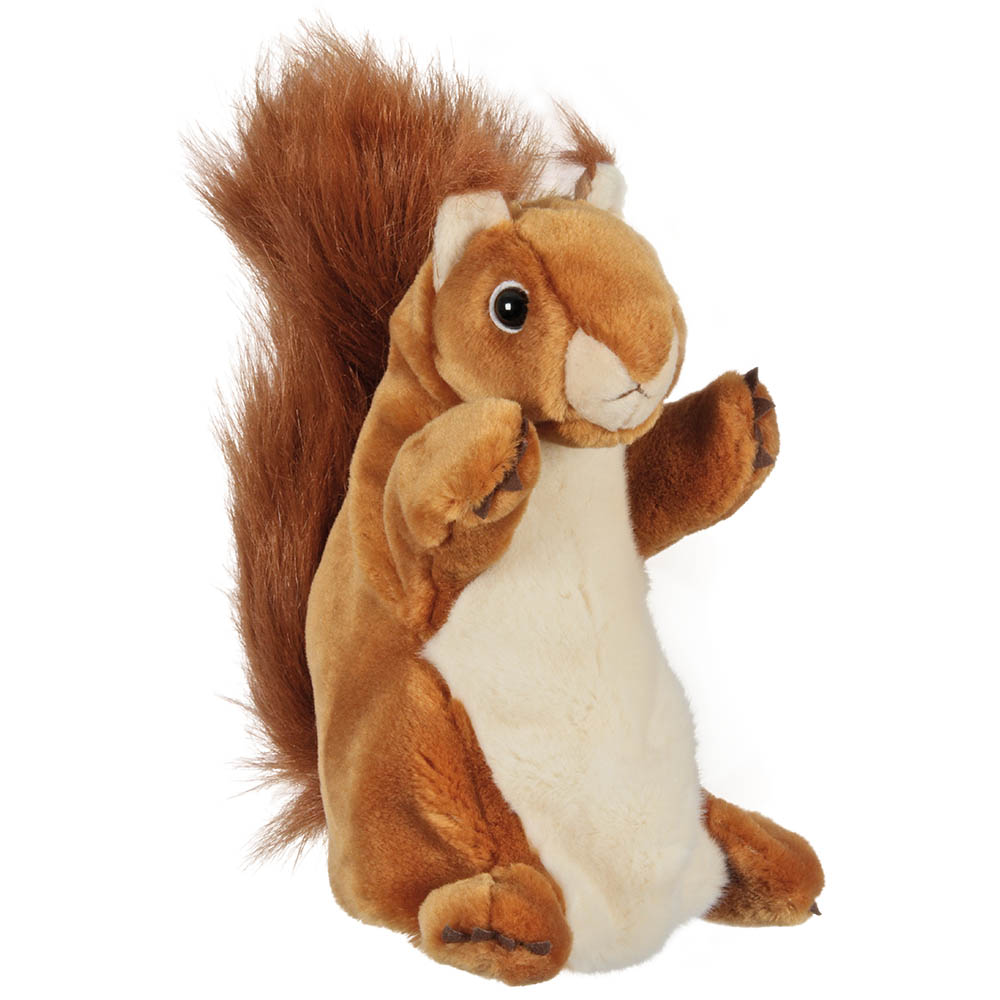 The Puppet Company baby hand puppet squirrel, reddish-brown squirrel puppet with a bushy tail, side view