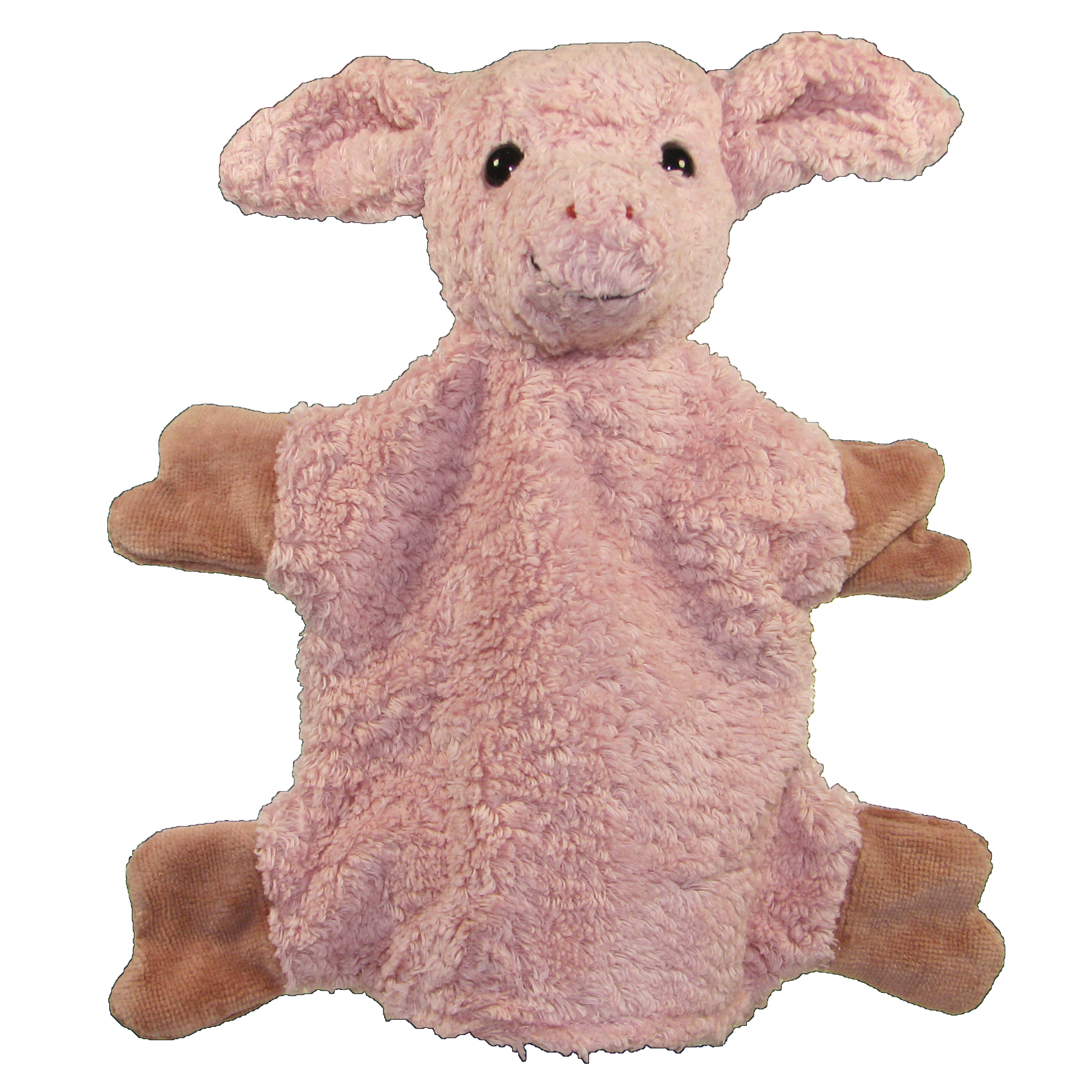 Kallisto hand puppet pig front view, pink natural-material puppet with brown paws and ears