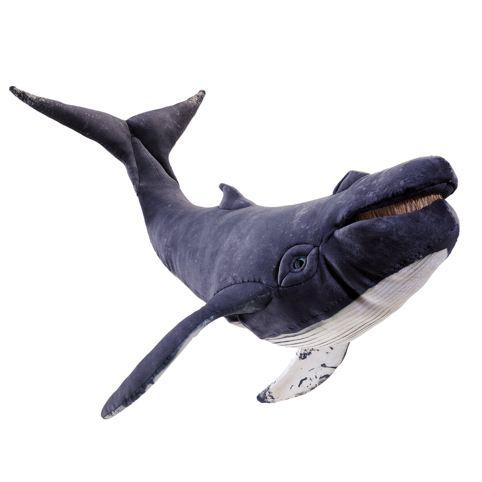 Folkmanis humpback whale hand puppet in dark blue plush with a white belly, open mouth and movable fins, shown at an angle