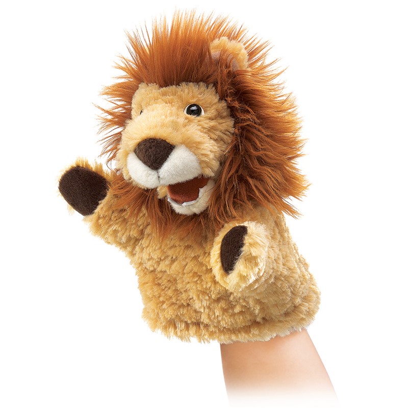 Folkmanis small lion hand puppet with shaggy reddish-brown mane, open mouth and dark paws, operated on one hand