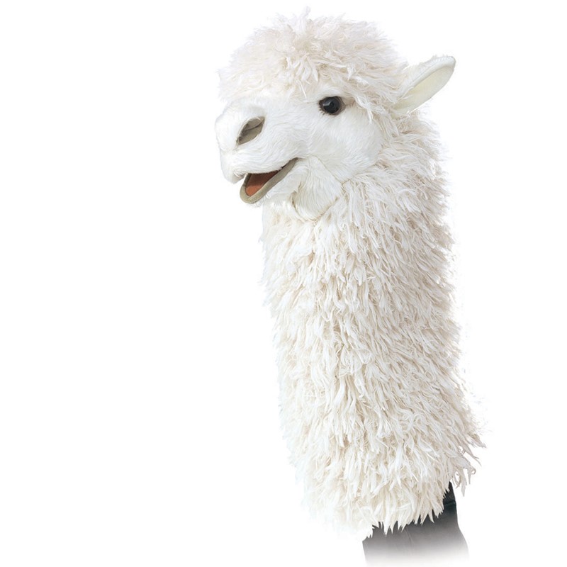 Folkmanis alpaca hand puppet in white with shaggy fur and movable mouth, side view