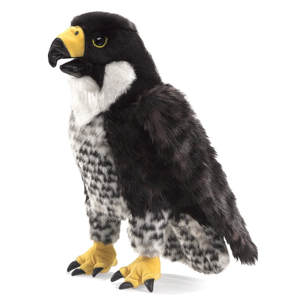 Folkmanis Handpuppe Wanderfalke mit schwarzem Gefieder, weißer Brust, gelbem Schnabel und Krallen in stehender Seitenansicht