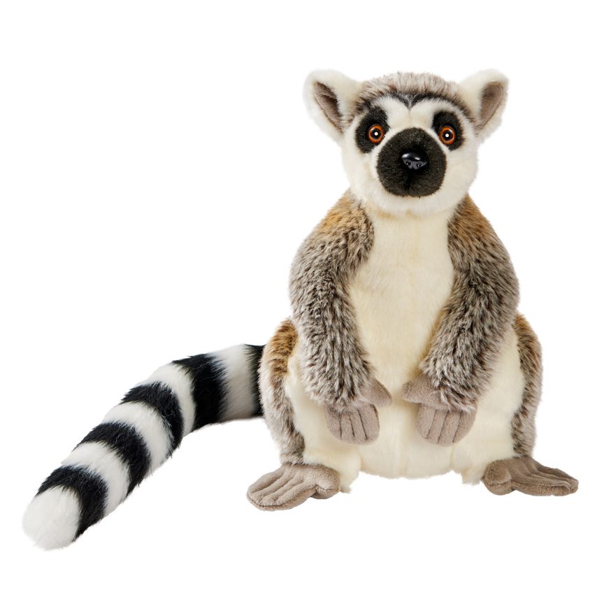 Sitting lemur by Anima with grey-white fur, orange eyes and a black-and-white ringed tail